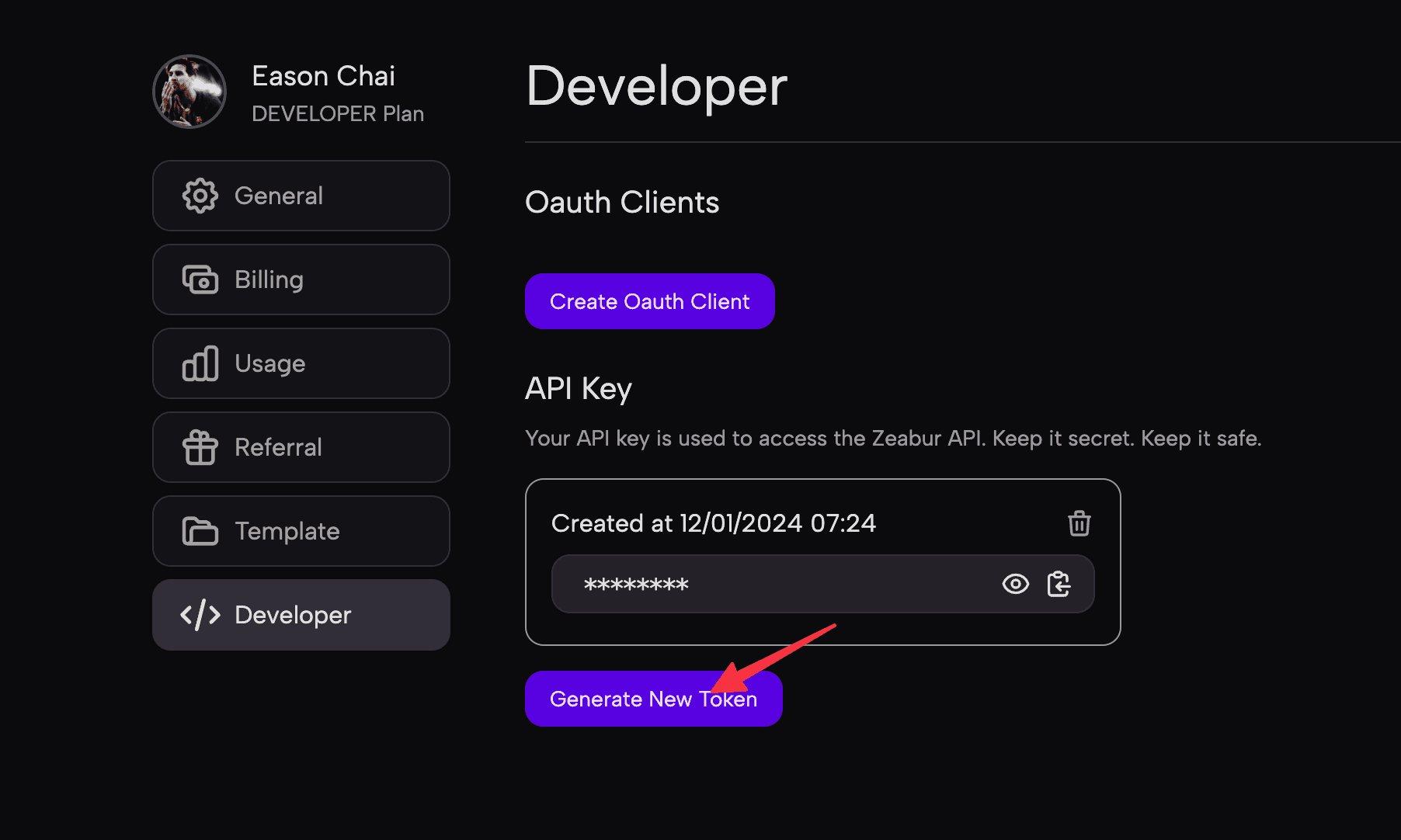 Create and use api keys zeabur