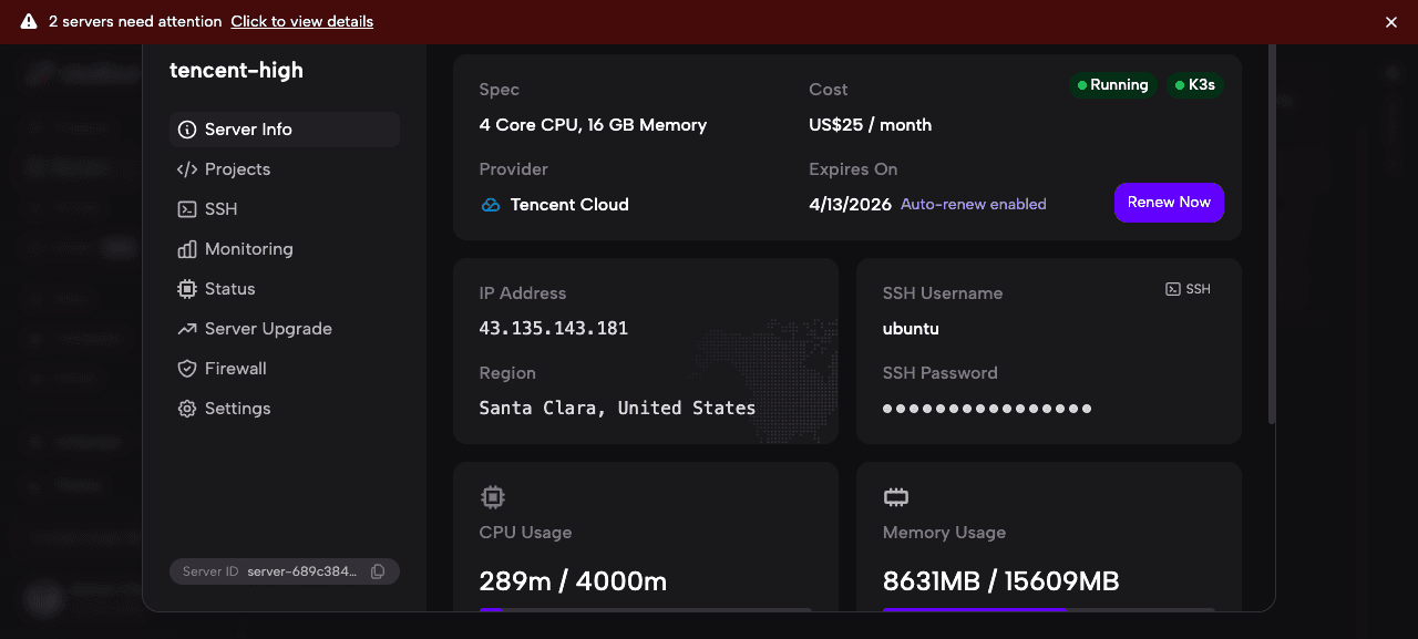 伺服器資訊顯示 K3s 狀態