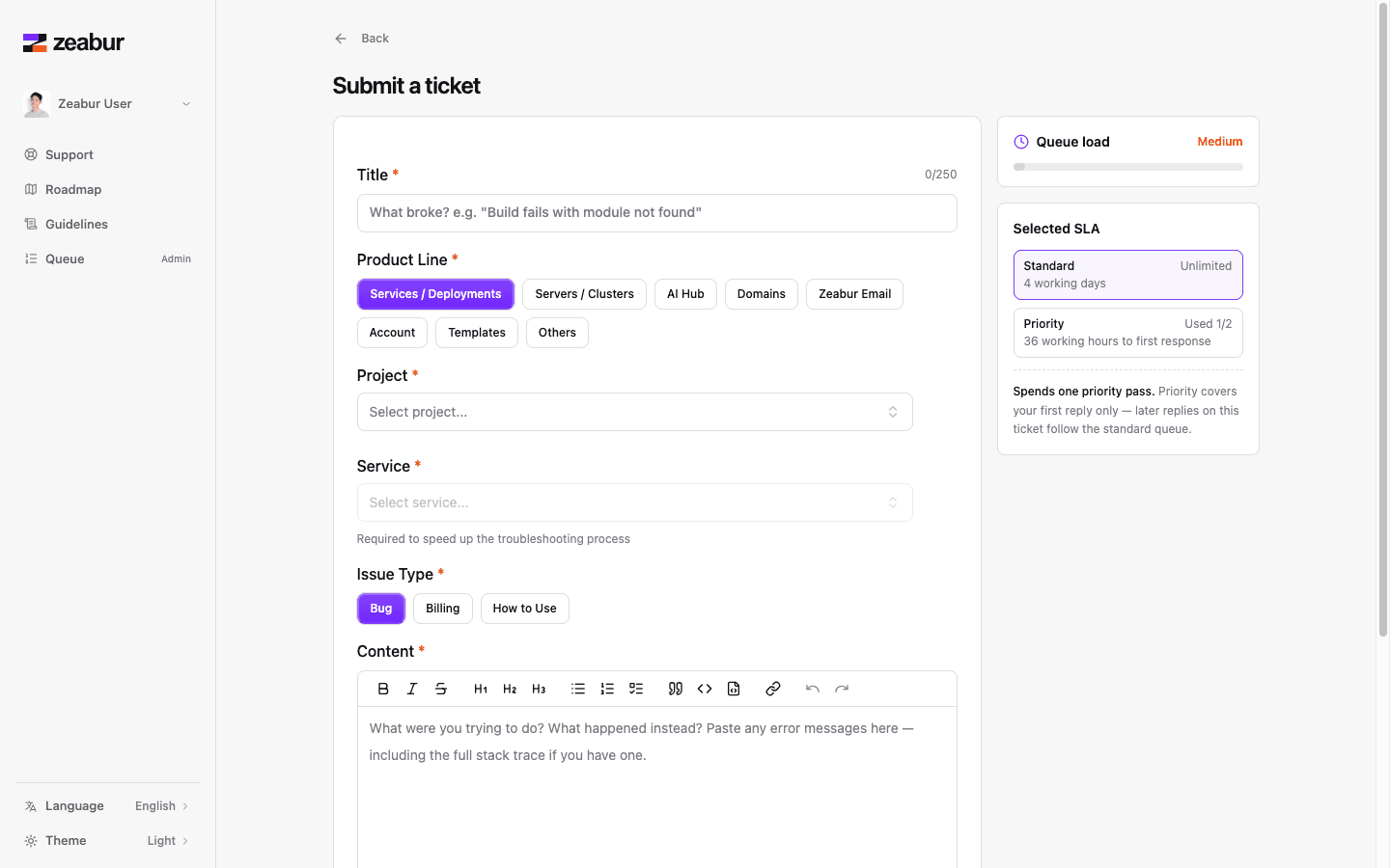 Formulario para enviar un ticket