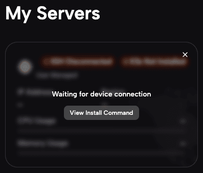 Zeabur console showing the View Install Command button on the server page