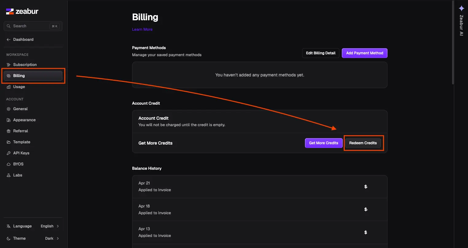 Switch to Billing and click Redeem Credits