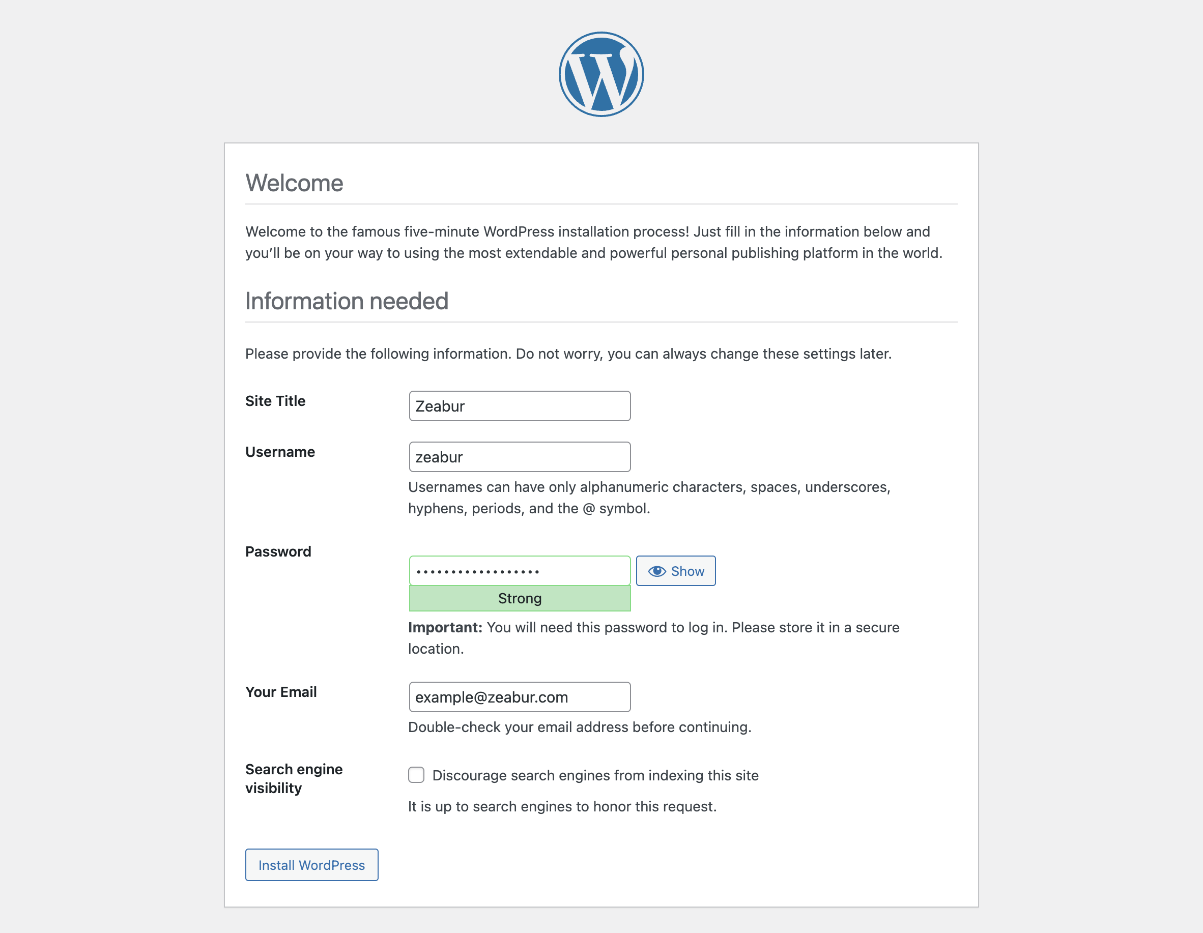 WordPress 安裝，設定密碼和站台資訊