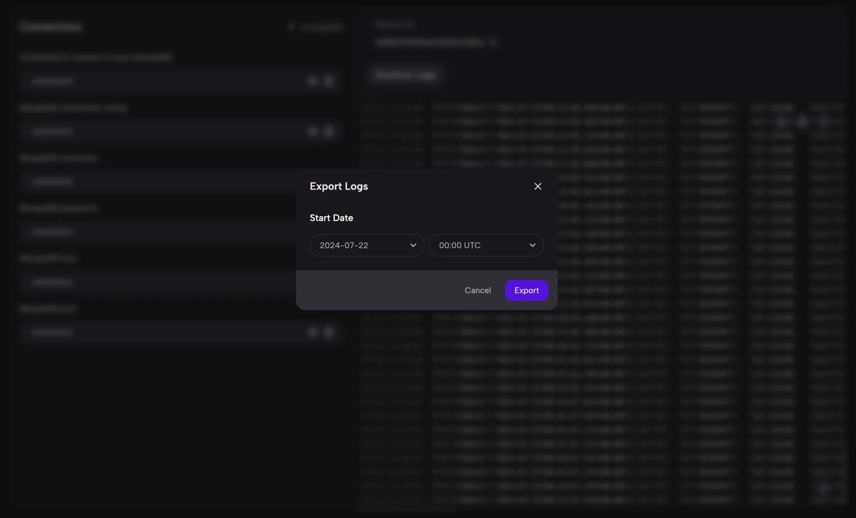 Select the time range for log export